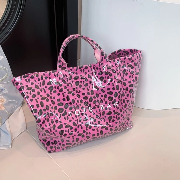 Women's Medium PVC Leopard Streetwear Bucket Open Tote Bag