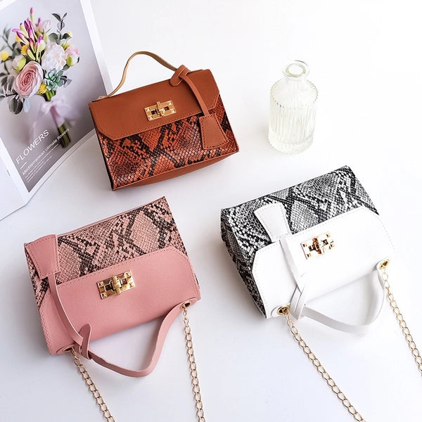 Women's Medium Pu Leather Snakeskin Fashion Square Lock Clasp Crossbody Bag