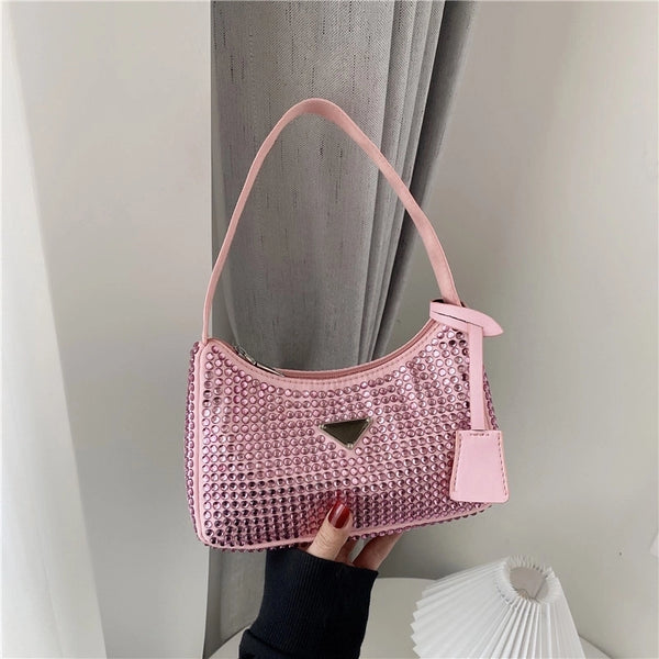 Women's Medium Spring&summer Pu Leather Solid Color Fashion Rhinestone Square Zipper Underarm Bag