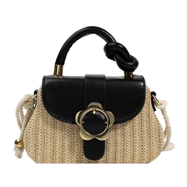 Women's Medium Straw Color Block Streetwear Square Flip Cover Shoulder Bag Crossbody Bag Straw Bag