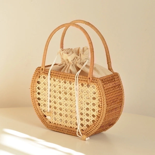 Women's Medium Straw Geometric Vacation Bucket String Straw Bag