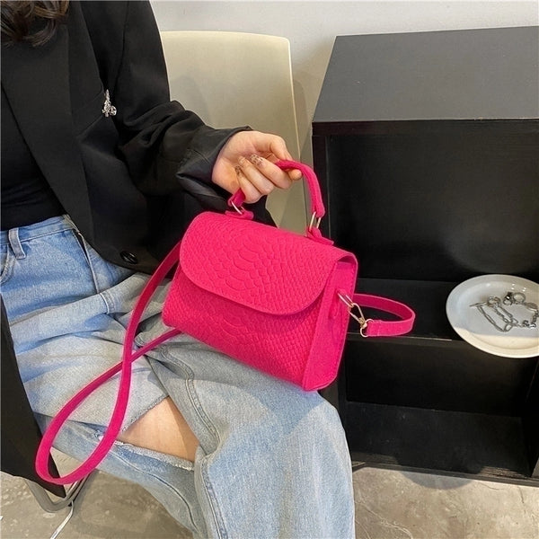 Women's Mini Pu Solid Color Crocodile Fashion Square Magnetic Buckle Flip Cover Shoulder Bag Handbag Crossbody Bag