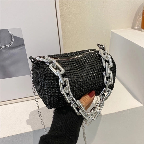 Women's Pu Leather Solid Color Fashion Rhinestone Square Zipper Crossbody Bag