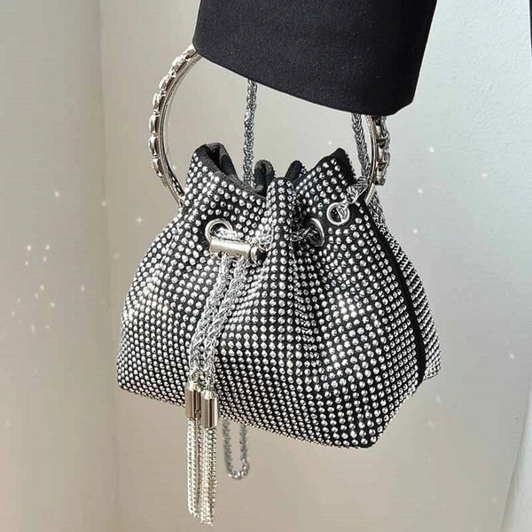 Women's Pu Leather Solid Color Fashion Rhinestone Tassel Bucket String Handbag Crossbody Bag