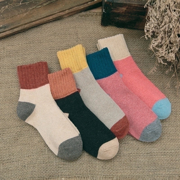 Women's Retro Color Block Polyester Blending Crew Socks 5 Pairs