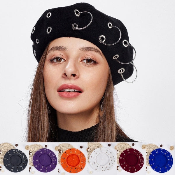 Women's Retro Punk Streetwear Solid Color Metal Eaveless Beret Hat