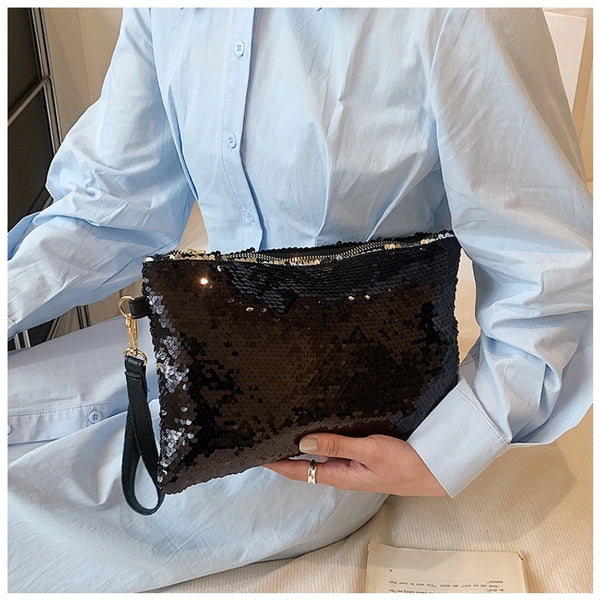 Women's Sequin Solid Color Elegant Square Zipper Clutch Bag