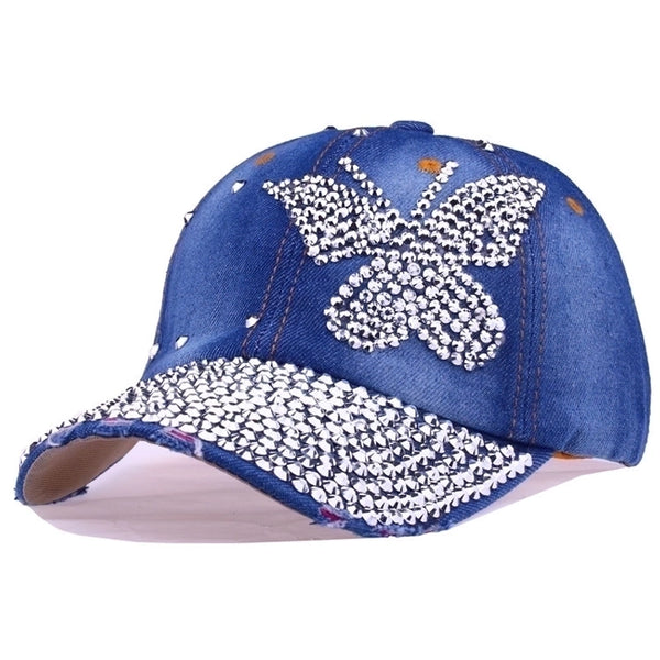 Women's Minimalist Rhinestone Butterfly Printing Flat Eaves Baseball Cap