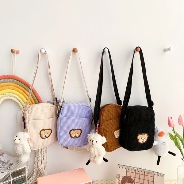 Women's Small Corduroy Bear Cute Streetwear Square Zipper Crossbody Bag