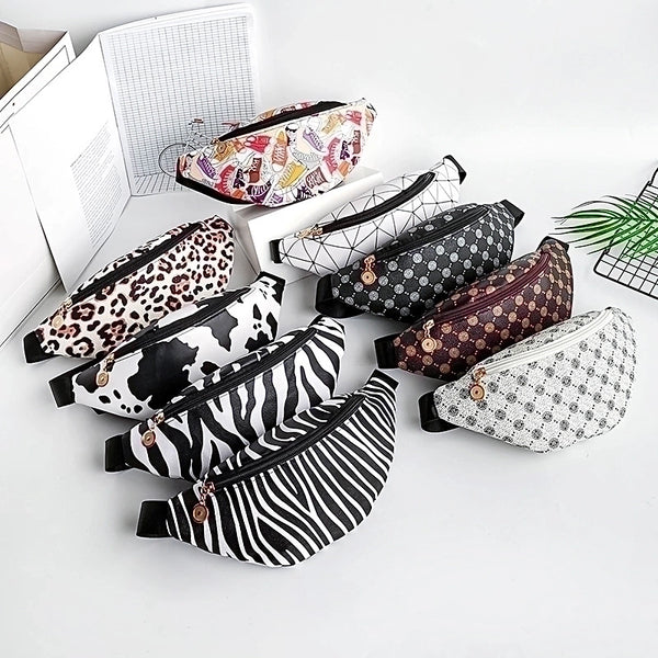 Women's Small Pu Leather Geometric Zebra Leopard Fashion Dumpling Shape Zipper Fanny Pack