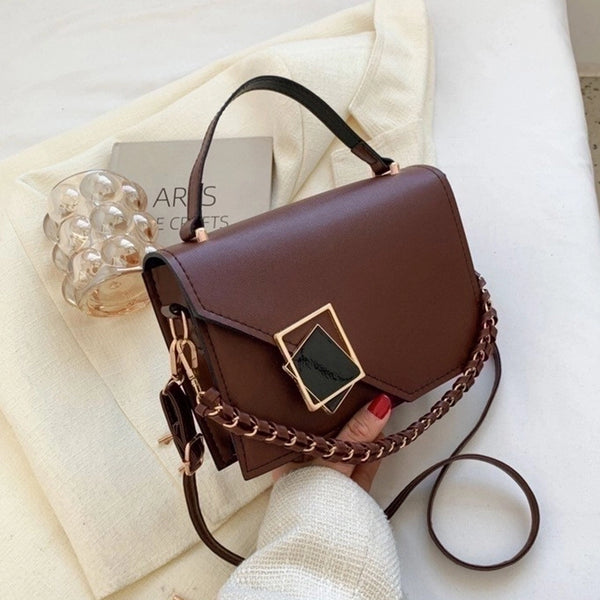 Women's Small Pu Leather Solid Color Fashion Chain Square Magnetic Buckle Crossbody Bag