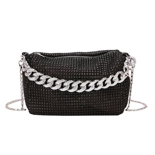 Women's Small Pu Leather Solid Color Fashion Rhinestone Chain Square Zipper Crossbody Bag