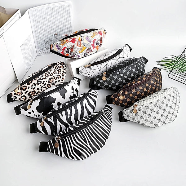 Women's Small Pu Leather Zebra Stripe Plaid Fashion Dumpling Shape Zipper Fanny Pack