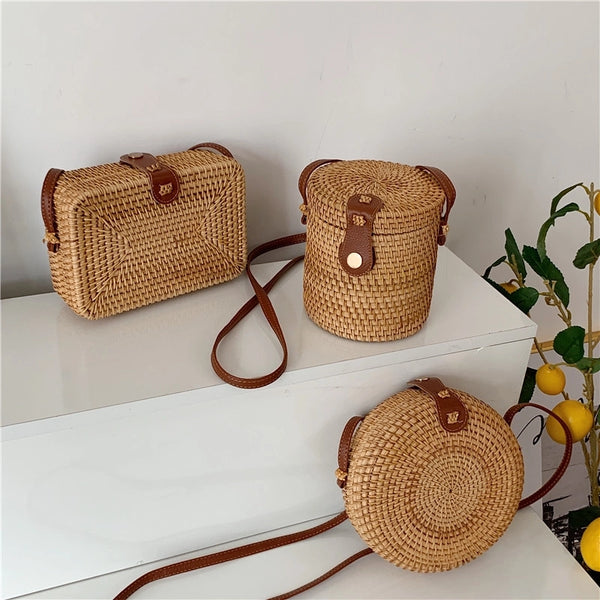 Women's Small Straw Geometric Solid Color Basic Round Square Lock Clasp Crossbody Bag