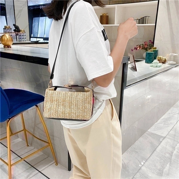 Women's Small Straw Solid Color Elegant Classic Style Square Lock Clasp Shoulder Bag Crossbody Bag Straw Bag