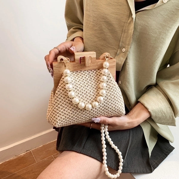 Women's Small Straw Solid Color Streetwear Pearls Lock Clasp Straw Bag