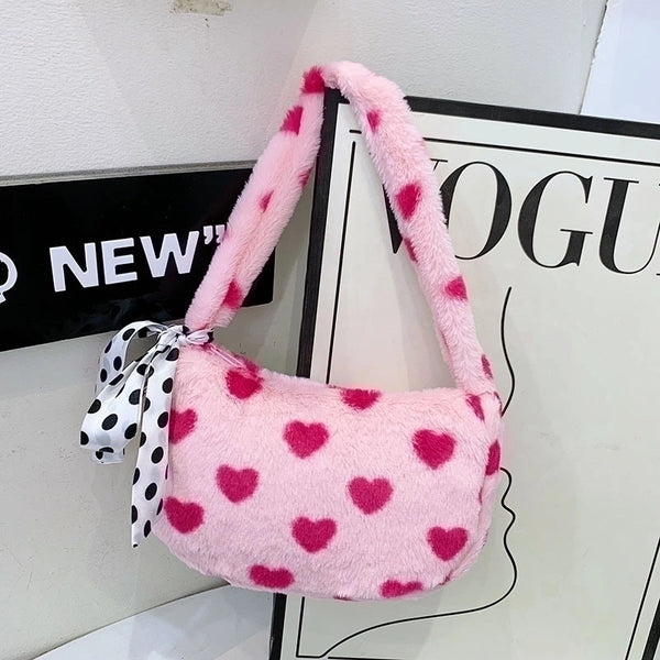 Women's Small Summer Velvet Flower Classic Style Pillow Shape Zipper Shoulder Bag