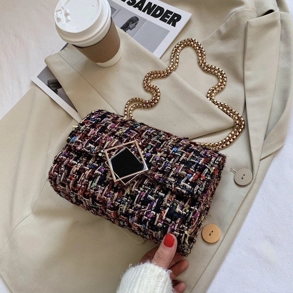 Women's Small Woolen Plaid Streetwear Square Magnetic Buckle Shoulder Bag Crossbody Bag Chain Bag