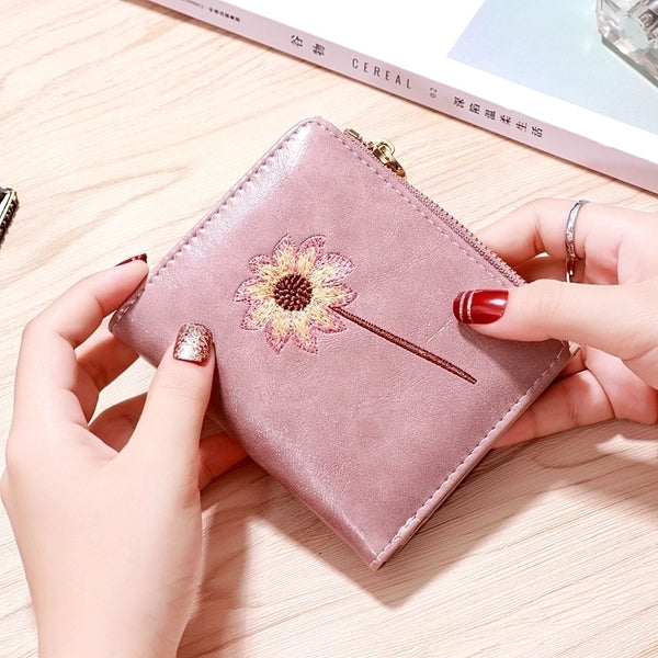 Women's Solid Color Flower Pu Leather Zipper Buckle Wallets