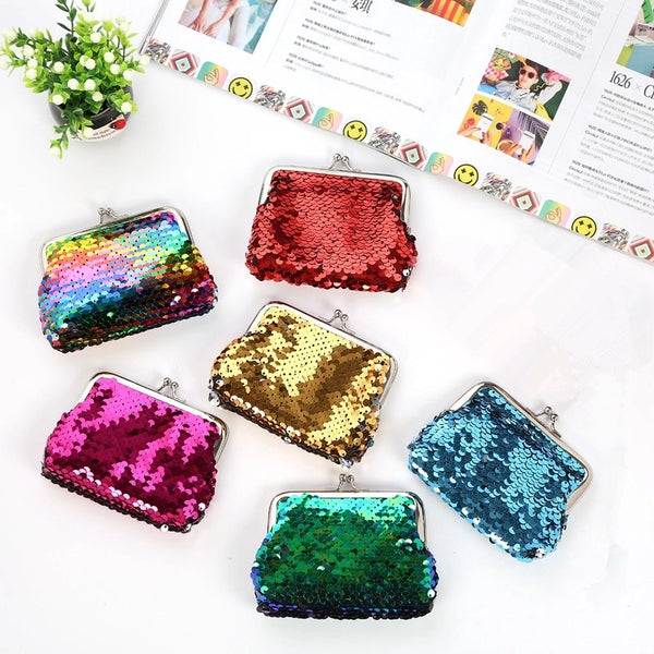 Women's Solid Color Pu Leather Sequins Zipper Coin Purses