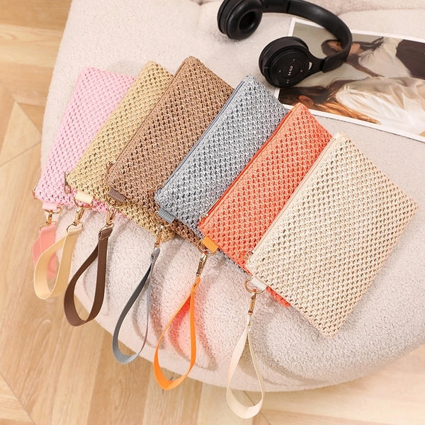 Women's Solid Color Straw Zipper Wallets