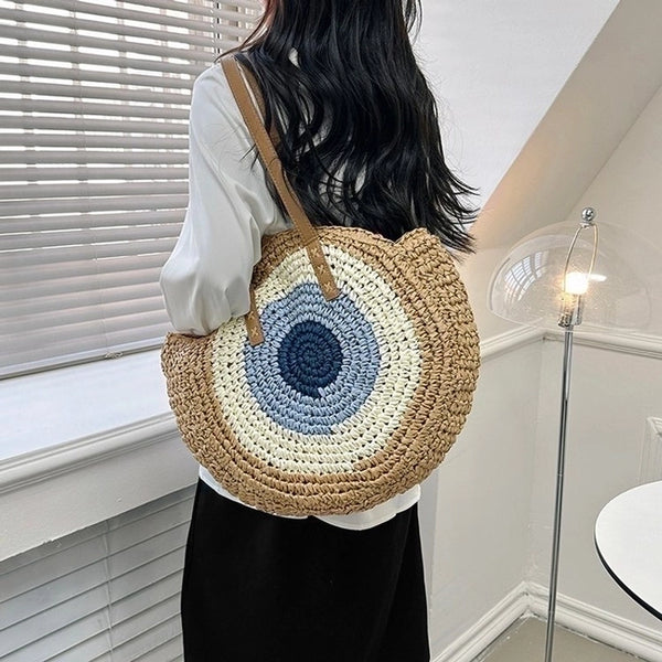 Women's Straw Color Block Basic Round Zipper Shoulder Bag