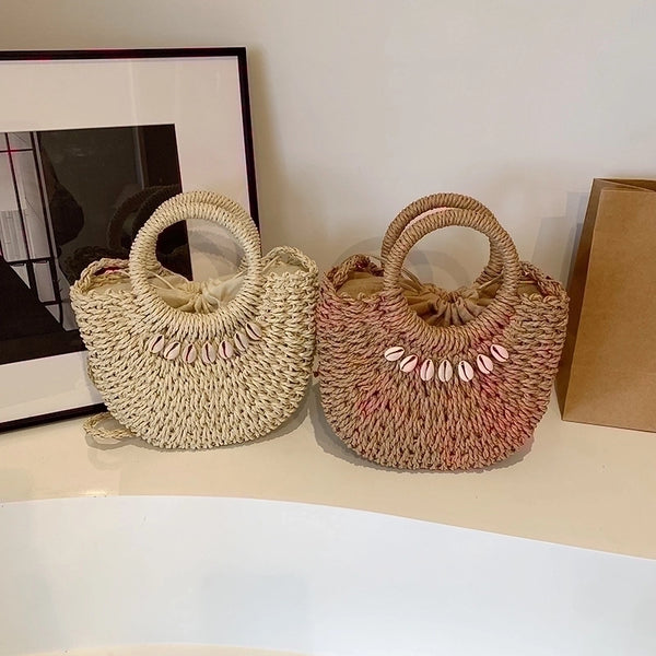 Women's Straw Solid Color Beach String Handbag