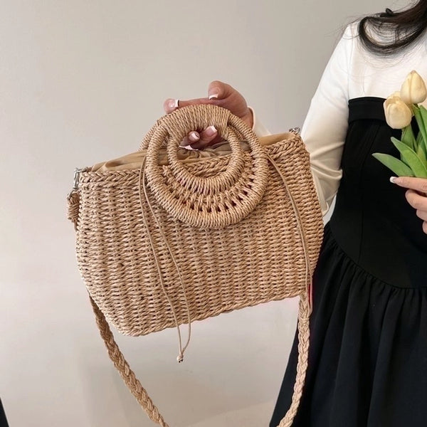 Women's Straw Solid Color Vacation Square String Handbag