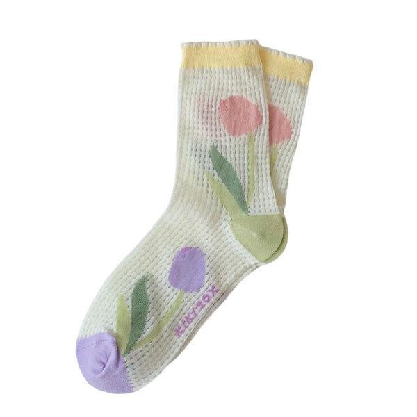 Women's Sweet Flower Nylon Cotton Mesh Crew Socks A Pair