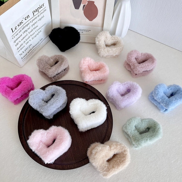 Women's Sweet Heart Shape Faux Rabbit Fur Plastic Handmade Hair Clip