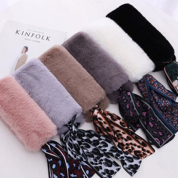 Women's Sweet Solid Color Bow Knot Leopard Faux Rabbit Fur Chiffon Scarf