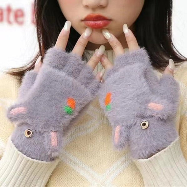 Women's Winter Warm Fleece-lined Thickened Student Fashion Writing Riding Cute Knitted Half Finger Flip Cartoon Gloves