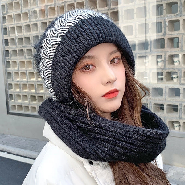 Women's Woolen Hat Autumn And Winter Versatile Korean Style Fashionable Warm Knitted Hat Fleece-lined Thickened Hat Scarf Integrated Hat Women's Hat