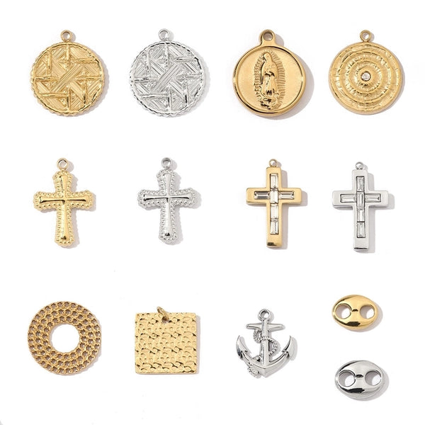 A Pack Of 3 15*18mm 201 Stainless Steel 18K Gold Plated Geometric Cross Round Polished Pendant