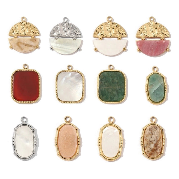 A Pack Of 3 15*18mm 201 Stainless Steel Natural Stone Shell 18K Gold Plated Square Oval Polished Pendant