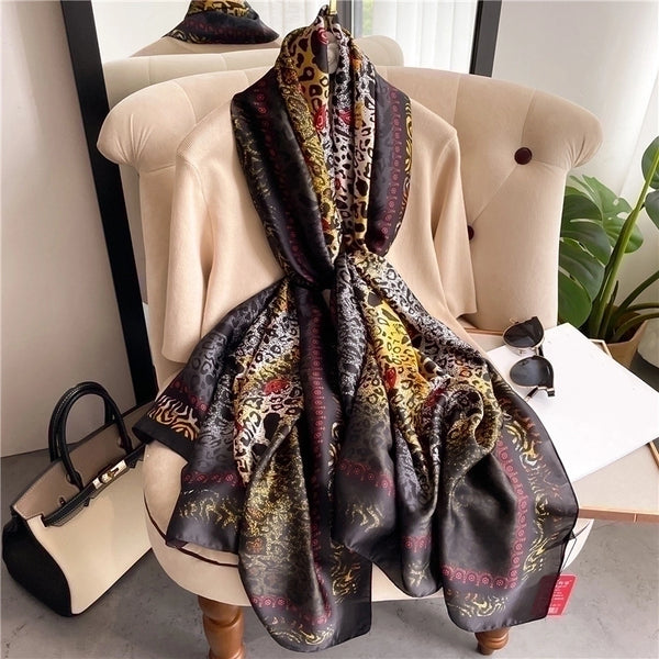 Adults French Style Modern Style Leopard Satin Printing Silk Scarf Shawl