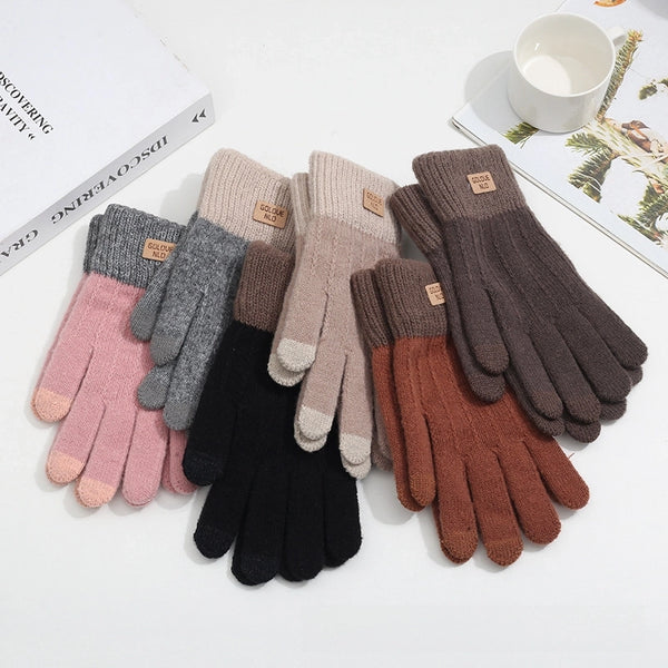 Alpaca Wool Knitted Touch Screen Gloves Women's Full-finger Warm Padded Velvet Lovers Gloves Korean Winter Riding Gloves