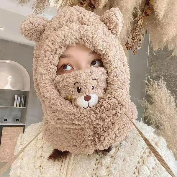 Autumn And Winter New Hat Scarf Integrated Korean All-match Warm Embroidered Bear Plush Bonnet Cold-proof Warm Hat