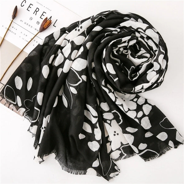 Black And White Printed Cotton And Linen Scarf Sunscreen Scarf Silk Scarf Long Shawl