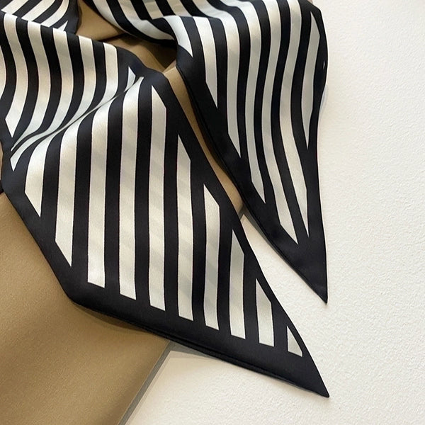 Black White Women's Thin Narrow Long Ribbon Silk Striped Scarf