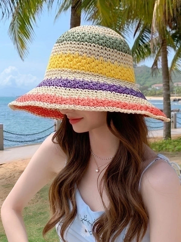 Bohemian Style Women's Foldable Rainbow Color Matching Fisherman Hat Straw Hat