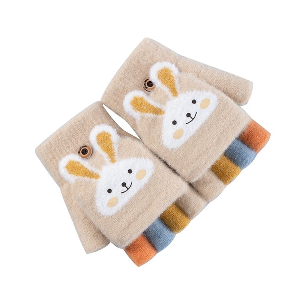 Children's Jacquard Finger Gloves Winter Boys And Girls Warm Fleece-lined Thick Cartoon Half Finger Flip Gloves 4-12