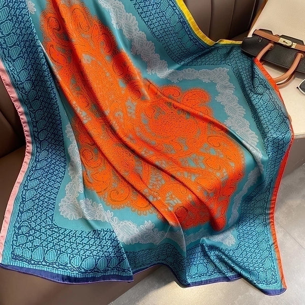 Chinese Style Classic Blue Orange Big Flower Simulation Silk Scarf Large Square Shawl