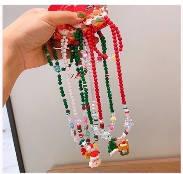 Cute Christmas Tree Santa Claus Elk Resin Beaded Christmas Kid's Jewelry Set