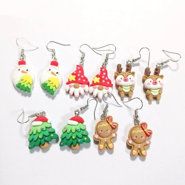 Cute Christmas Tree Snowman Elk Resin Three-dimensional Christmas Women's Ear Hook 1 Pair