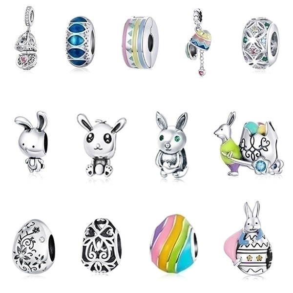 Cute Rabbit Egg Sterling Silver Enamel Inlay Zircon Charms Jewelry Accessories