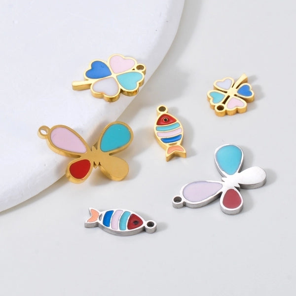 Diy Jewelry Accessories Stainless Steel Dripping Oil Clover Butterfly Fish Pendant Bracelet Earrings Production Materials