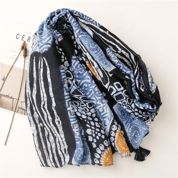 Ethnic Blue And White Porcelain Pop Totem Silk Scarf Long Braid Gauze Scarf Wholesale