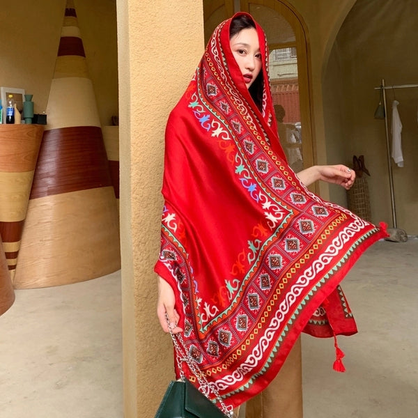 Ethnic Style Shawl Scarf Dual-use Sun Protection By The Sea Beach Scarf Red Large Gauze Scarf Female Desert Travel Photography Summer