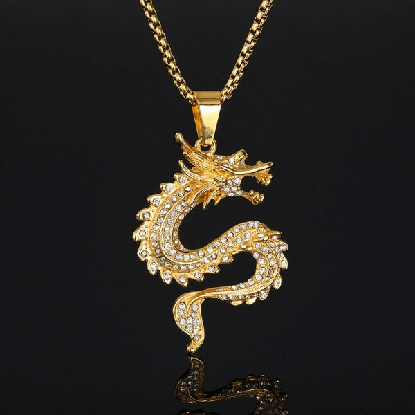 Europe And America Cross Border Hip Hop New Arrival Twelve Zodiac Dragon Pendant Chinese Style Gold-Plated Full Diamond Pendant Men's And Women's Sweater Chains